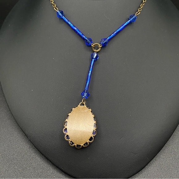 Vintage Cobalt Blue Czech Glass Scarab Pendant Necklace - Picture 8 of 15